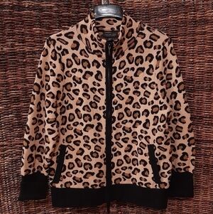 Rachel Zoe Women's Large Leopard Full Zip Knit Cardigan Sweater Coat Boho Tan